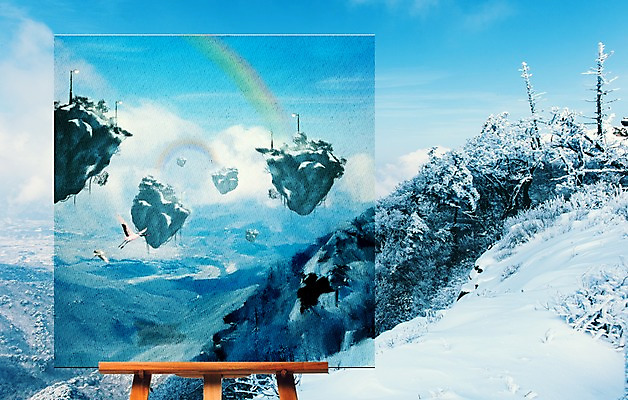 PSD 나무 구름 편집이미지 섬 백그라운드 무지개 겨울 하늘 산 사람없음 학 눈 이젤 이미지편집 자연요소 식물 계절 조류 날씨 미술도구 파일형식