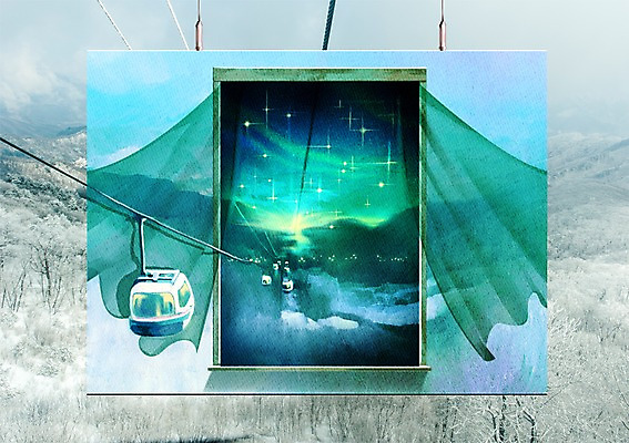 PSD 편집이미지 백그라운드 겨울 창문 하늘 산 사람없음 야외 눈 커튼 야간 케이블카 오로라 액자레일 이미지편집 자연요소 계절 액자 자연현상 날씨 파일형식