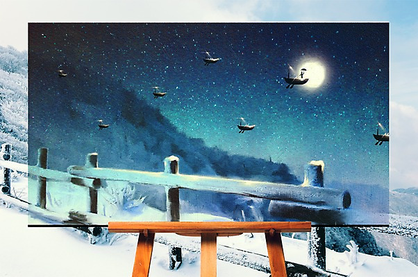 PSD 편집이미지 별 백그라운드 겨울 우산 밤하늘 사람없음 달 눈 이젤 나무울타리 조각배 이미지편집 자연요소 계절 배_교통 하늘 날씨 울타리 미술도구 야간 파일형식