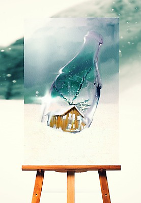 PSD 편집이미지 백그라운드 겨울 유리병 주택 사람없음 눈 이젤 솔잎 이미지편집 자연요소 계절 잎 병_용기 날씨 건물 미술도구 파일형식