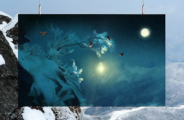 PSD 나무 편집이미지 백그라운드 겨울 조류 조명 산 사람없음 달 눈 참새 액자레일 이미지편집 자연요소 식물 동물 계절 액자 날씨 파일형식