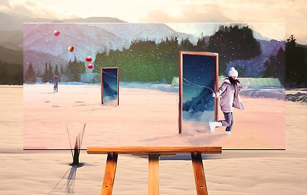 PSD 나무 편집이미지 여자 백그라운드 겨울 산 털모자 한명 사람 성인 문 눈 이젤 풍선 람야이 이미지편집 자연요소 식물 모자_잡화 1 계절 날씨 미술도구 파일형식