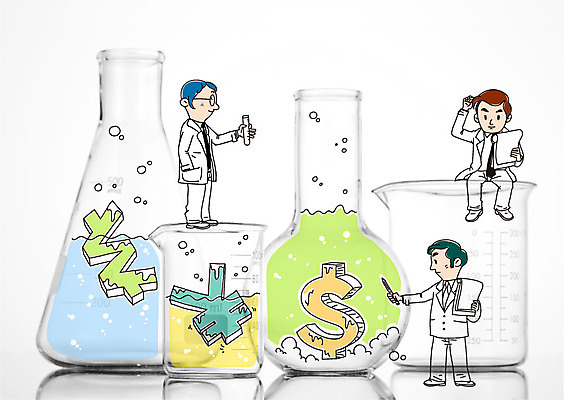 편집이미지 교육 남자 과학 합성일러스트 성인 세명 경제 달러 원화 화폐기호 엔 과학자 비커 삼각플라스크 이미지편집 AI파일 직업 기호 돈 실험기구 사람 화폐 플라스크 학자 파일형식 벡터