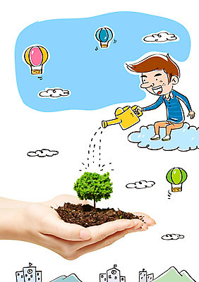 나무 구름 편집이미지 학생 손 교육 남자 학교 산 합성일러스트 한명 신체부위 물뿌리개 열기구 물주기 이미지편집 AI파일 자연요소 식물 1 항공교통 모션 사람 파일형식 벡터