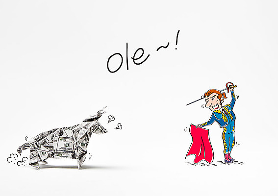 편집이미지 남자 지폐 비즈니스 합성일러스트 한명 성인 경제 달러 황소 투우 투우사 이미지편집 AI파일 직업 1 돈 사람 소 파일형식 벡터