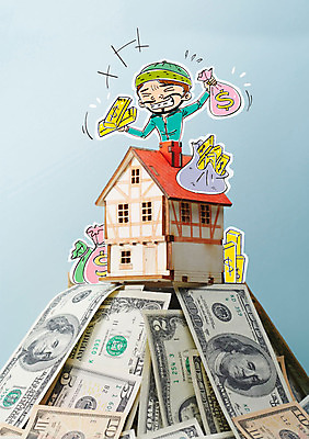 편집이미지 남자 지폐 비즈니스 주택 합성일러스트 한명 성인 경제 달러 돈자루 금괴 이미지편집 AI파일 1 돈 사람 건물 황금 파일형식 벡터