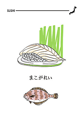 음식 일러스트 사람없음 초밥 일본어 해산물 일식집 일본음식 문치가자미 국내일러스트 AI파일 문자 식당 가자미 파일형식 벡터