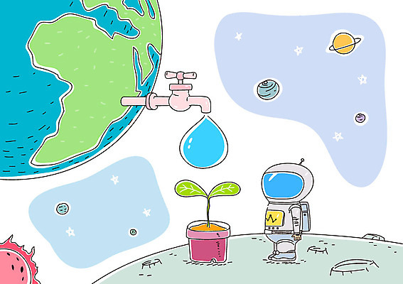 별 화분 지구 일러스트 한명 사람 물 우주 자연보호 환경 그린캠페인 행성 우주비행사 물방울 수도꼭지 우주복 국내일러스트 AI파일 자연요소 1 옷 캠페인 자연 보호 파일형식 벡터