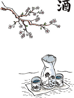 음식 술잔 일러스트 술병 주류 꽃나무 사람없음 술주 국내일러스트 AI파일 나무 꽃 음료 병_용기 잔 한자 파일형식 벡터