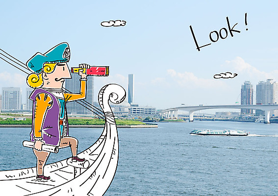 주간 구름 편집이미지 남자 여행 항해 합성일러스트 한명 성인 야외 망원경 다리 도시 배 이미지편집 AI파일 자연요소 1 배_교통 과일 사람 신체부위 파일형식 벡터