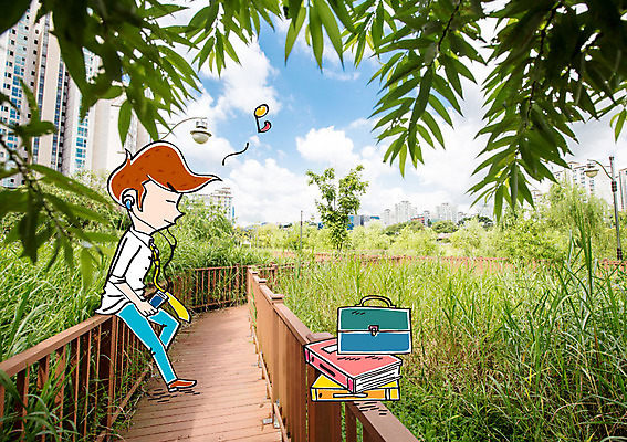 주간 편집이미지 남자 서류가방 음표 비즈니스 자연 휴식 합성일러스트 한명 성인 야외 책 음악감상 산책로 비즈니스맨 풀잎 이미지편집 AI파일 자연요소 1 기호 길 음악 컨셉 잎 가방 사람 감상 직장인 풀_식물 생태계 파일형식 벡터