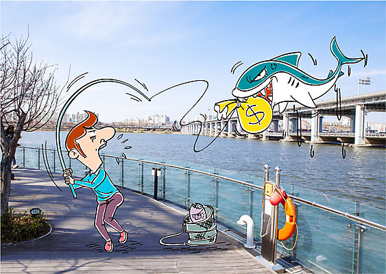 주간 편집이미지 남자 비즈니스 낚시 합성일러스트 한명 성인 야외 경제 달러 다리 비즈니스맨 그물 낚시용품 돈자루 낚싯대 한강 상어 생선묵 이미지편집 AI파일 자연요소 1 돈 레저 서울 어류 사람 신체부위 직장인 랜드마크 파일형식 벡터