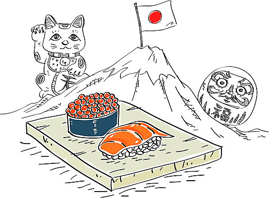 음식 일러스트 사람없음 일본 초밥 후지산 일장기 다루마 마네키네코 일본전통인형 국내일러스트 AI파일 아시아 인형 산 세계문화유산 국기 일본전통 일본음식 파일형식 벡터