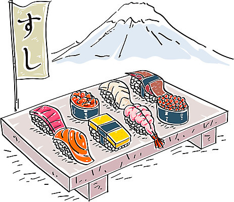 음식 일러스트 사람없음 일본 초밥 후지산 새우초밥 연어초밥 국내일러스트 AI파일 아시아 새우 산 세계문화유산 연어 일본음식 파일형식 벡터