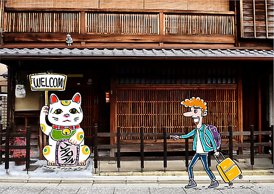 주간 편집이미지 남자 배낭 합성일러스트 한명 성인 야외 여행객 캐리어 일본 합성 일본전통 마네키네코 일본가옥 일본전통인형 이미지편집 AI파일 자연요소 1 전통 아시아 인형 가방 사람 여행가방 파일형식 벡터