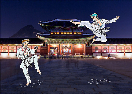 편집이미지 남자 야경 합성일러스트 성인 야외 두명 운동 궁전 킥 태권도 합성 태권도복 이미지편집 AI파일 고건축 모션 건강 도복 사람 격투기 야간 파일형식 벡터 풍경_경치