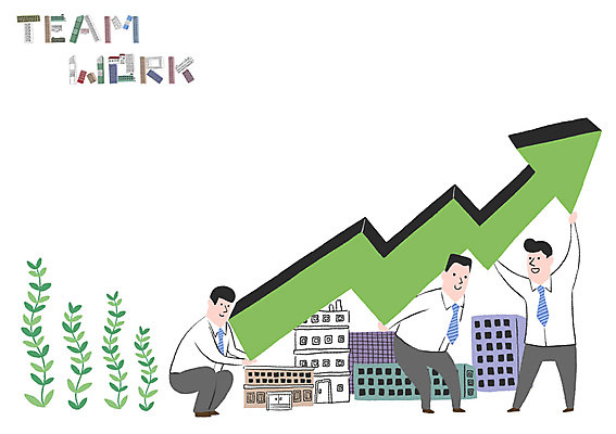 PSD 남자 화살표 일러스트 비즈니스 협력 빌딩 성인 세명 풀잎 상승 국내일러스트 컨셉 잎 사람 건물 풀_식물 파일형식