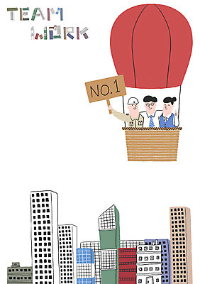 PSD 여자 남자 일러스트 비즈니스 협력 빌딩 성인 세명 열기구 넘버원 노사화합 노사협력 국내일러스트 항공교통 사람 건물 파일형식