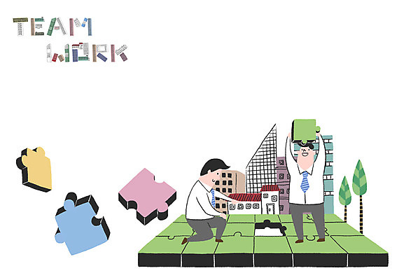 PSD 나무 남자 일러스트 비즈니스 협력 빌딩 성인 두명 퍼즐 퍼즐조각 국내일러스트 식물 조각 사람 건물 파일형식