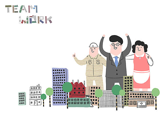 PSD 나무 여자 남자 일러스트 비즈니스 공장 협력 빌딩 성인 세명 안전모 주부 노사화합 노사협력 국내일러스트 식물 공업 사람 건물 헬멧 안전장비 파일형식