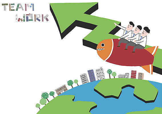 PSD 나무 남자 화살표 일러스트 비즈니스 협력 빌딩 성인 세명 로켓 상승 지구모양 국내일러스트 모양 식물 지구 컨셉 사람 건물 파일형식