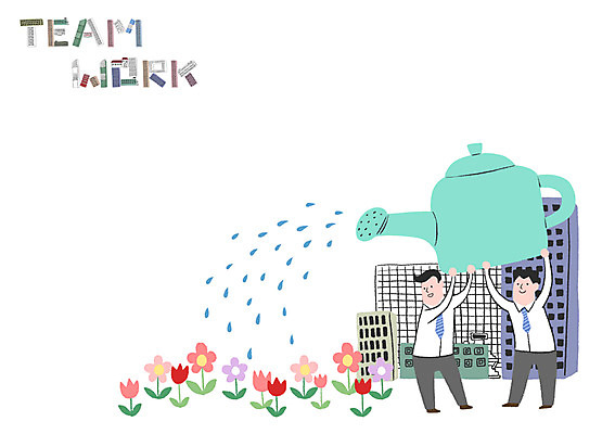 PSD 남자 꽃 일러스트 비즈니스 협력 빌딩 성인 두명 물뿌리개 물주기 국내일러스트 식물 모션 사람 건물 파일형식