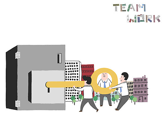 PSD 나무 남자 일러스트 비즈니스 열쇠 협력 빌딩 성인 세명 금고 국내일러스트 식물 사람 건물 파일형식