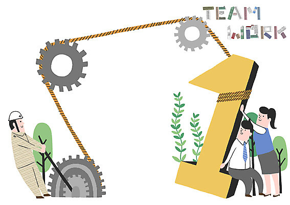 PSD 나무 1 여자 남자 줄 일러스트 비즈니스 협력 빌딩 성인 세명 풀잎 당기기 톱니바퀴 노사화합 노사협력 국내일러스트 식물 잎 모션 사람 건물 풀_식물 파일형식