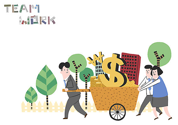 PSD 나무 여자 남자 일러스트 비즈니스 협력 빌딩 성인 세명 달러 동전 수레 원화 국내일러스트 식물 돈 사람 건물 카트 파일형식