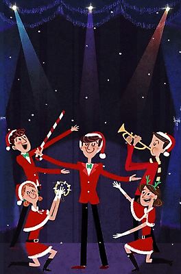 PSD 여자 남자 포스터 크리스마스 일러스트 산타옷 지팡이 조명 여러명 성인 공연 커튼 트럼펫 탬버린 뮤지컬 국내일러스트 옷 기념일 다수 타악기 사람 이벤트 금관악기 파일형식