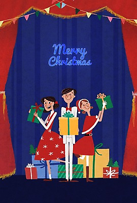 PSD 여자 남자 포스터 크리스마스 일러스트 성인 세명 선물상자 공연 무대 커튼 뮤지컬 국내일러스트 기념일 선물 사람 이벤트 상자 파일형식