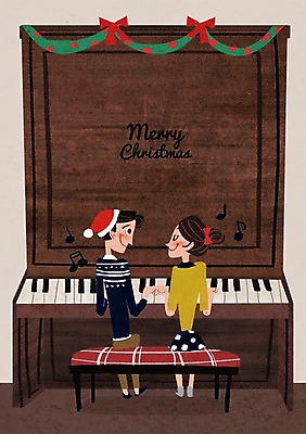 PSD 여자 남자 포스터 악기 크리스마스 연주 음표 일러스트 산타모자 성인 두명 공연 건반 피아노 국내일러스트 모자_잡화 기호 기념일 음악 사람 이벤트 건반악기 파일형식