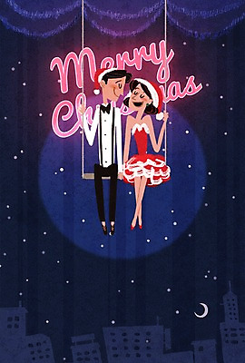 PSD 커플 여자 남자 포스터 크리스마스 일러스트 산타모자 성인 두명 공연 커튼 그네 뮤지컬 국내일러스트 모자_잡화 기념일 관계 사람 이벤트 파일형식