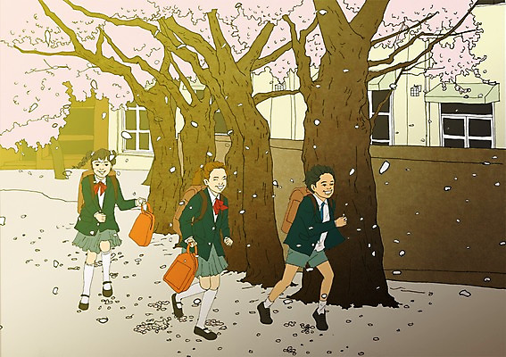 주간 PSD 여자 남자 교복 어린이 일러스트 책가방 야외 세명 봄 벚꽃 벚나무 하교 설레임 신발주머니 하교길 아트툰 국내일러스트 자연요소 나무 옷 계절 꽃 감정 가방 사람 그림 등하교 파일형식