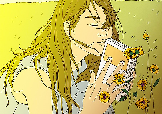 주간 PSD 여자 꽃 일러스트 키스 한명 성인 야외 책 설레임 아트툰 국내일러스트 자연요소 식물 1 감정 사람 애정표현 그림 파일형식