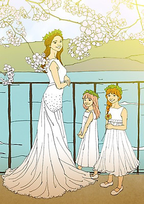 주간 PSD 여자 신부 어린이 웨딩드레스 일러스트 꽃나무 성인 야외 세명 봄 벚나무 설레임 아트툰 국내일러스트 자연요소 나무 드레스 계절 꽃 감정 결혼 사람 벚꽃 그림 파일형식