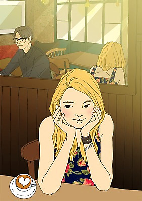 PSD 여자 남자 의자 일러스트 탁자 실내 성인 세명 반사 턱괴기 카페 거울 커피잔 설레임 라떼 카페라떼 아트툰 국내일러스트 감정 커피 가구 모션 잔 사람 내부 상점 그림 파일형식