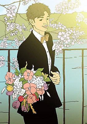 주간 PSD 남자 꽃 부케 신랑 일러스트 한명 정장 턱시도 성인 야외 봄 벚꽃 벚나무 설레임 아트툰 국내일러스트 자연요소 나무 식물 1 옷 계절 감정 꽃다발 결혼 사람 그림 파일형식