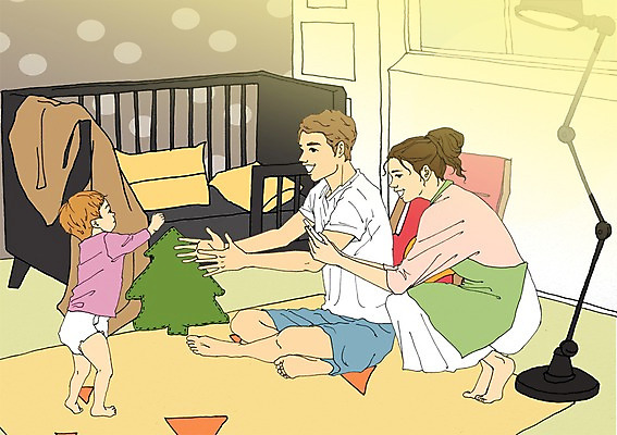 PSD 여자 남자 일러스트 가족 엄마 실내 성인 세명 앞치마 방 스탠드 아기 아빠 설레임 걸음마 아기침대 아트툰 국내일러스트 감정 관계 모션 조명 사람 내부 아기용품 침대 그림 파일형식