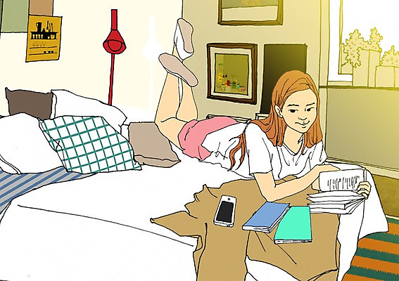 PSD 여자 엎드리기 액자 쿠션 일러스트 창문 한명 성인 책 스마트폰 독서 침대 설레임 아트툰 국내일러스트 1 감정 가구 모션 사람 핸드폰 스마트기기 그림 파일형식