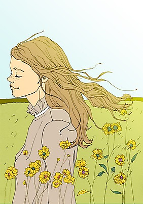 주간 PSD 여자 꽃 일러스트 한명 성인 야외 봄 설레임 봄바람 아트툰 국내일러스트 자연요소 식물 1 계절 감정 바람 사람 그림 파일형식