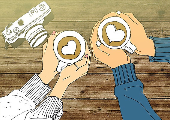 PSD 손 커플 여자 남자 일러스트 성인 두명 신체부위 카메라 커피잔 설레임 라떼 카페라떼 아트툰 국내일러스트 감정 커피 관계 잔 사람 전자제품 그림 파일형식