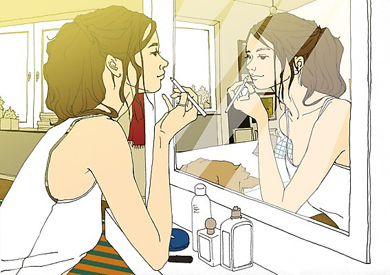 PSD 여자 일러스트 실내 한명 성인 화장 반사 화장품 거울 방 설레임 아트툰 국내일러스트 1 감정 사람 내부 뷰티 그림 파일형식