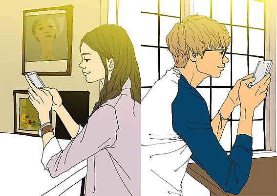 PSD 커플 여자 남자 일러스트 실내 성인 두명 스마트폰 방 설레임 문자전송 아트툰 국내일러스트 감정 관계 사람 내부 핸드폰 스마트기기 그림 파일형식