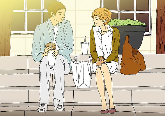 주간 PSD 커플 여자 남자 일러스트 비닐봉투 성인 야외 두명 계단 햄버거 종이컵 먹기 설레임 아트툰 국내일러스트 자연요소 감정 관계 모션 봉투 패스트푸드 사람 컵 일회용 그림 파일형식