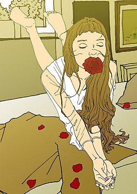 PSD 여자 꽃잎 엎드리기 일러스트 실내 한명 성인 장미 방 설레임 아트툰 국내일러스트 1 꽃 감정 모션 사람 내부 그림 파일형식