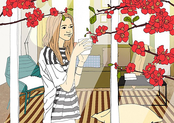 PSD 여자 꽃 거실 의자 일러스트 꽃나무 한명 성인 머그컵 창가 설레임 아트툰 국내일러스트 나무 식물 1 감정 가구 창문 사람 컵 그림 파일형식