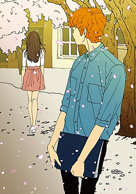 주간 PSD 여자 남자 꽃잎 일러스트 성인 야외 두명 봄 벚꽃 벚나무 설레임 낙화 아트툰 국내일러스트 자연요소 나무 계절 꽃 감정 사람 그림 파일형식