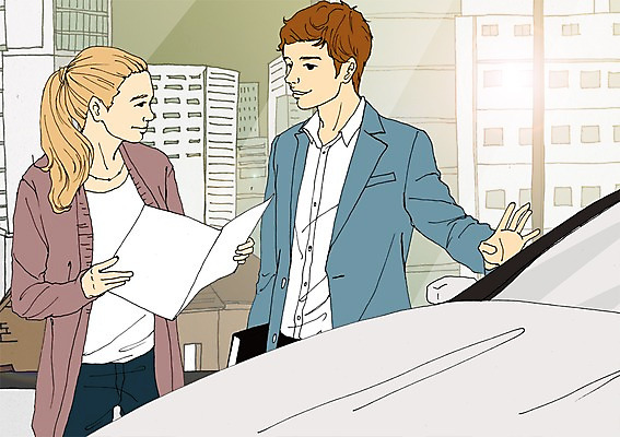 주간 PSD 여자 남자 일러스트 자동차 성인 야외 두명 구경 설레임 아트툰 국내일러스트 자연요소 감정 육상교통 사람 그림 파일형식