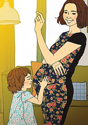 PSD 여자 딸 어린이 일러스트 엄마 실내 성인 두명 소파 임산부 설레임 아트툰 국내일러스트 감정 의자 가족 사람 내부 임신 그림 파일형식